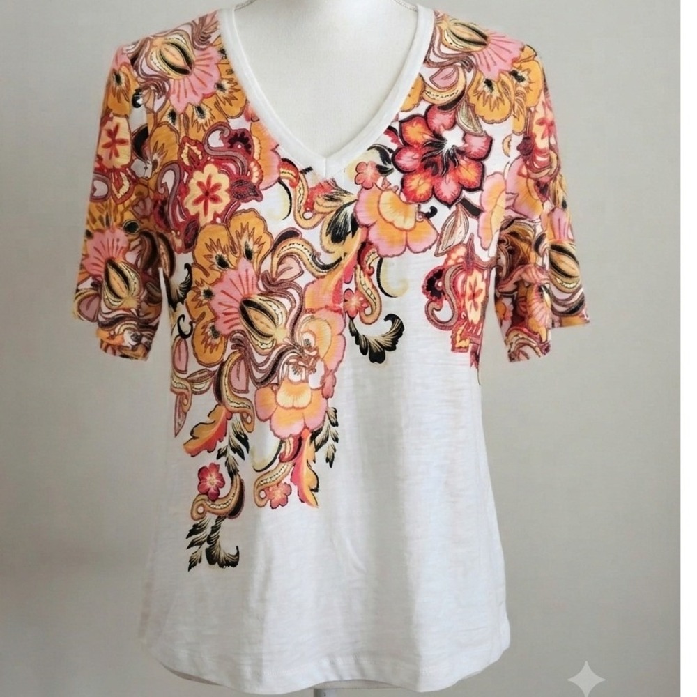 Chicos Cotton Slub Boho Floral floral Paisley V-Neck Tee Alabaster Orange L NWT
